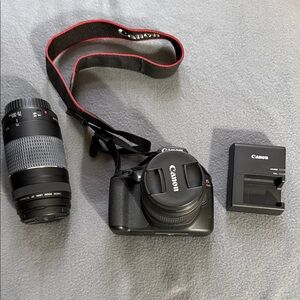 Cannon Rebel T6 charger and long lens with backpack